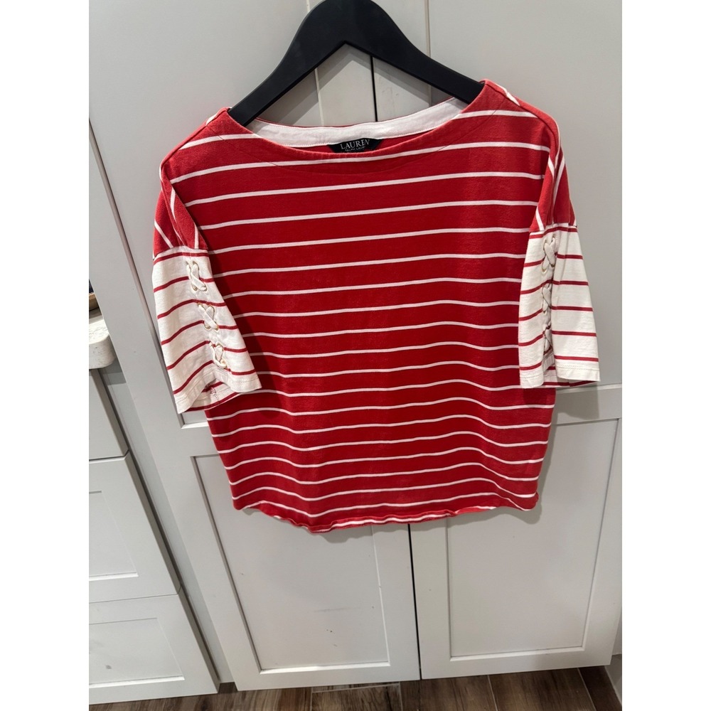 Lauren Ralph Lauren Nautical Striped Lace Up Sleeve Boat Neck Top Womens‎ Large